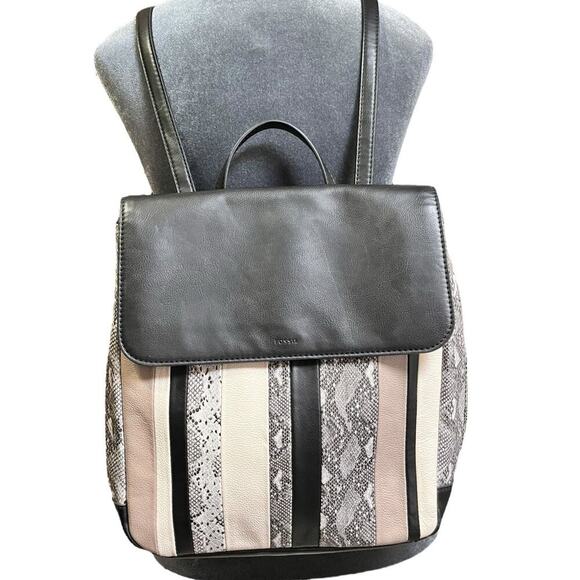 Fossil Claire Patchwork Leather Backpack Black Python Snake Design Preowned - Picture 1 of 8